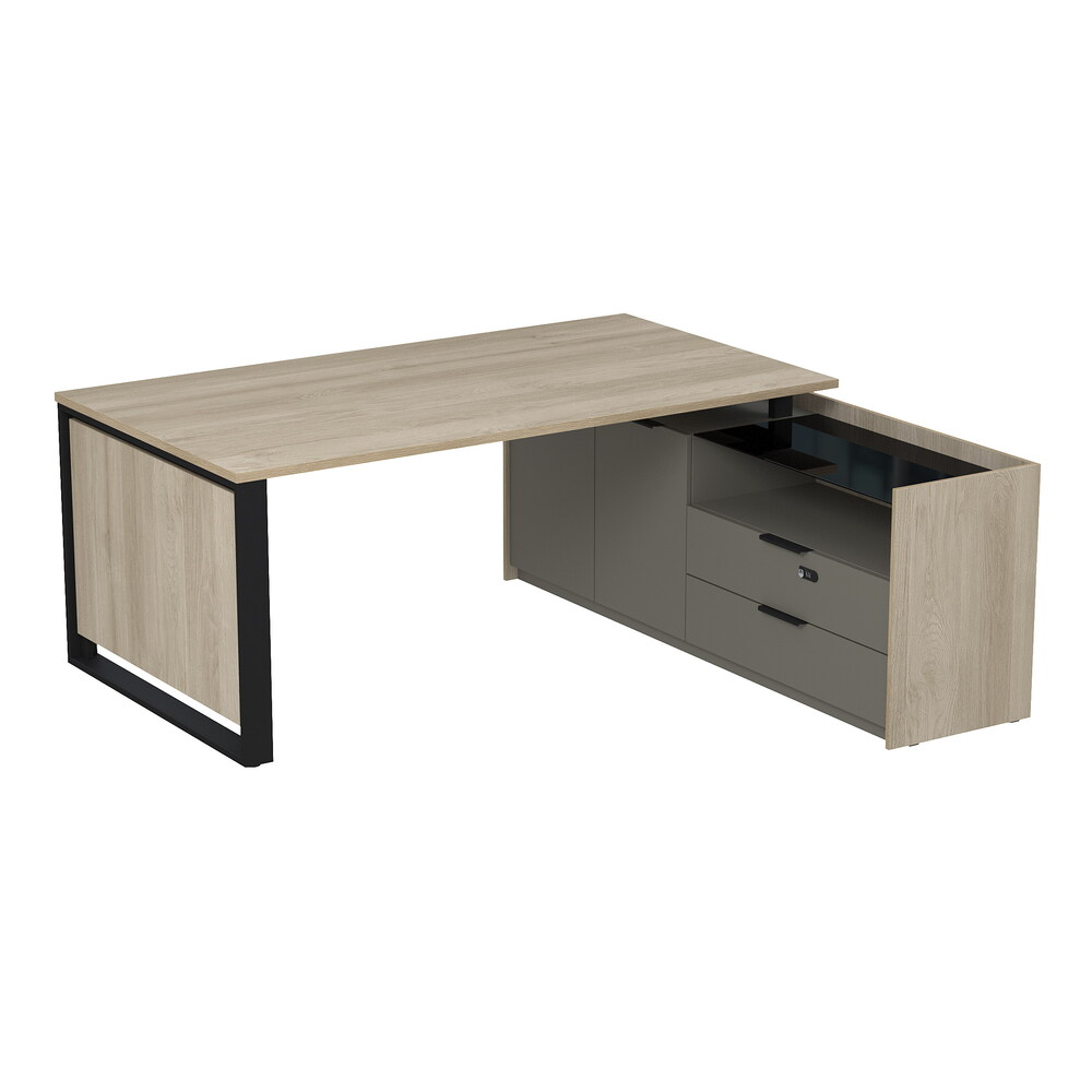 Стол рабочий на опорной двусоставной тумбе, с ящиками (метабокс), с код замком