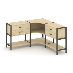 Трехсекционный угловой стеллаж двухярусный с ящиками