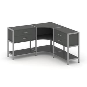 Трехсекционный угловой стеллаж двухярусный с ящиками