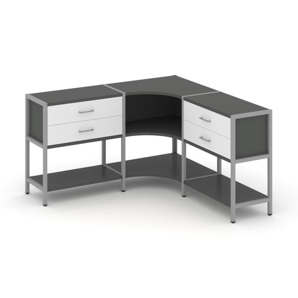 Трехсекционный угловой стеллаж двухярусный с ящиками