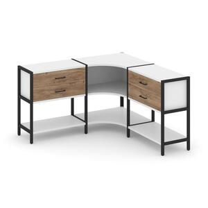 Трехсекционный угловой стеллаж двухярусный с ящиками