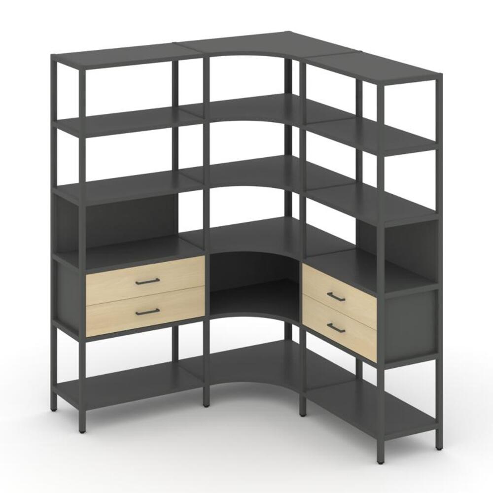 Трехсекционный угловой стеллаж пятиярусный с ящиками