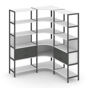 Трехсекционный угловой стеллаж пятиярусный с ящиками