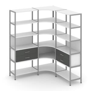 Трехсекционный угловой стеллаж пятиярусный с ящиками