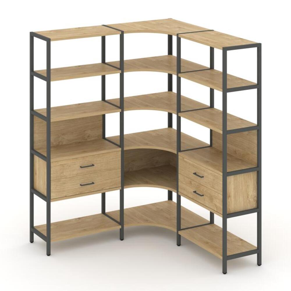 Трехсекционный угловой стеллаж пятиярусный с ящиками