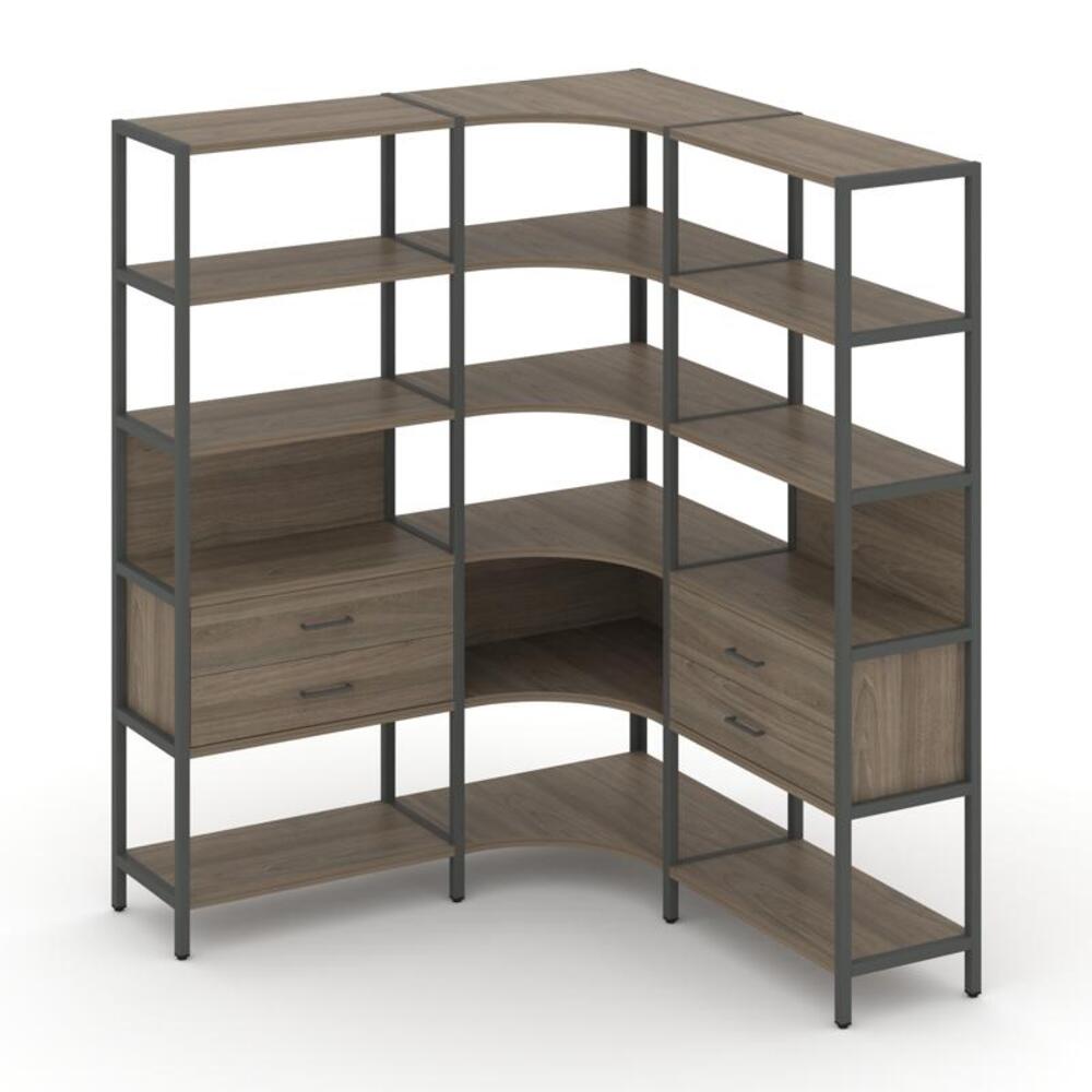 Трехсекционный угловой стеллаж пятиярусный с ящиками