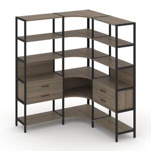 Трехсекционный угловой стеллаж пятиярусный с ящиками