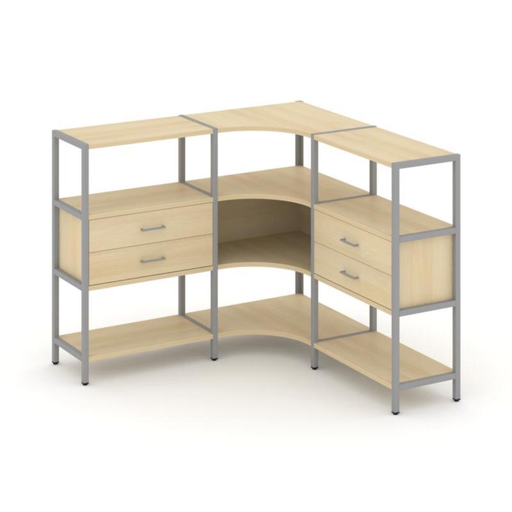 Трехсекционный угловой стеллаж трехярусный с ящиками
