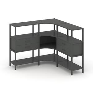 Трехсекционный угловой стеллаж трехярусный с ящиками