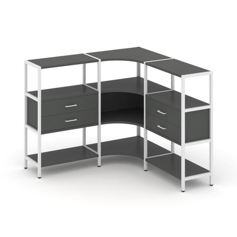 Трехсекционный угловой стеллаж трехярусный с ящиками