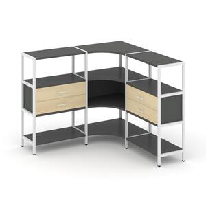 Трехсекционный угловой стеллаж трехярусный с ящиками