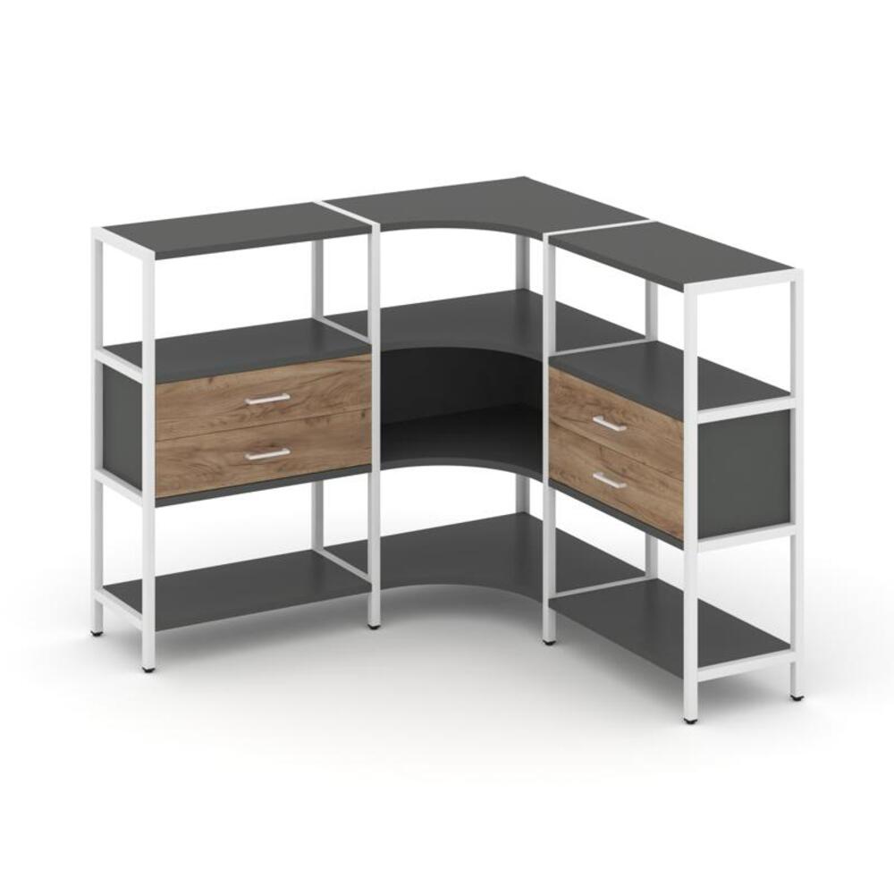 Трехсекционный угловой стеллаж трехярусный с ящиками