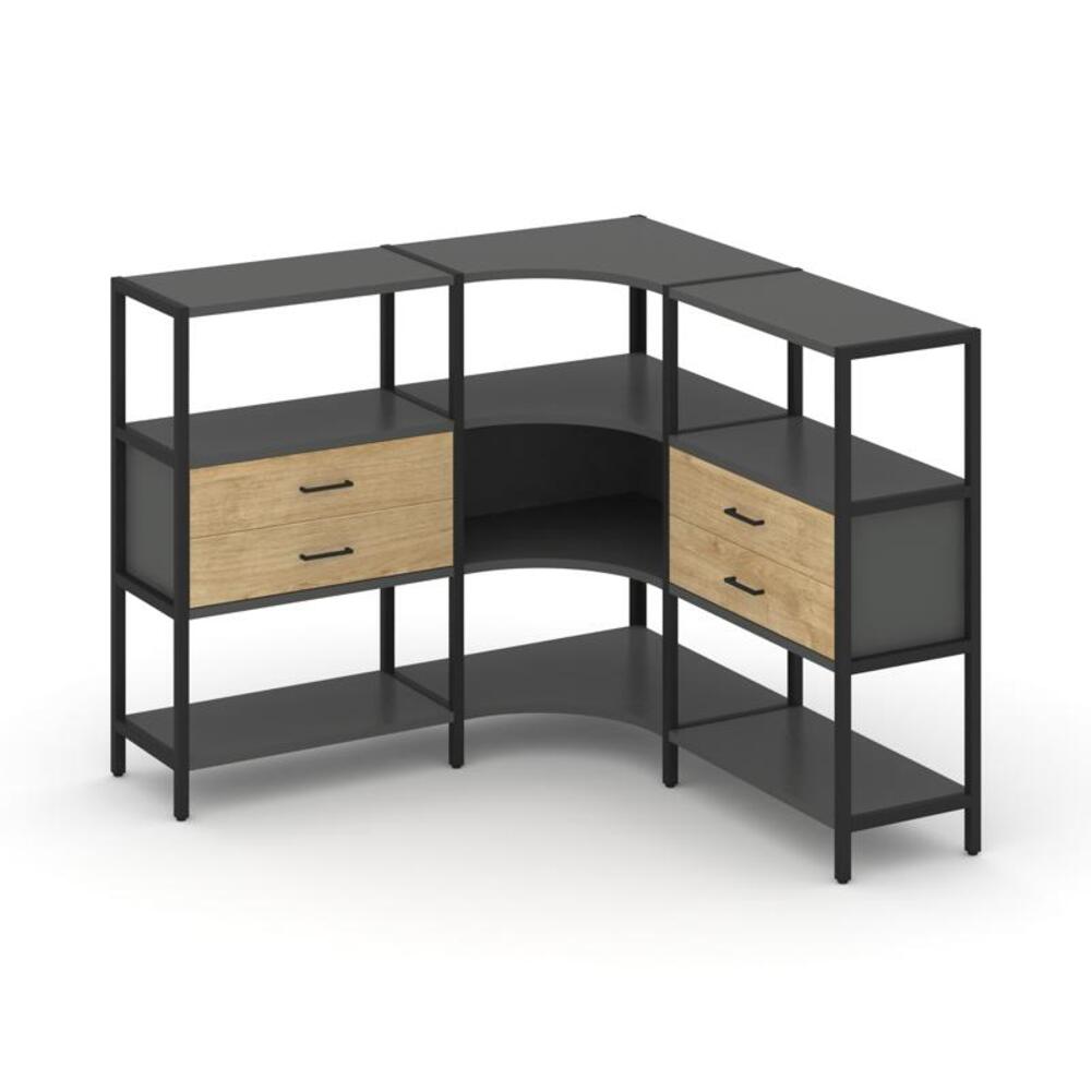 Трехсекционный угловой стеллаж трехярусный с ящиками