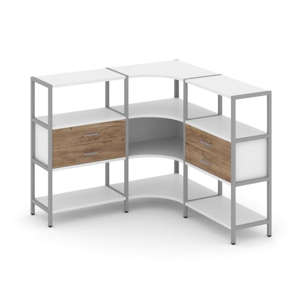 Трехсекционный угловой стеллаж трехярусный с ящиками