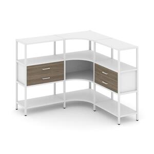 Трехсекционный угловой стеллаж трехярусный с ящиками