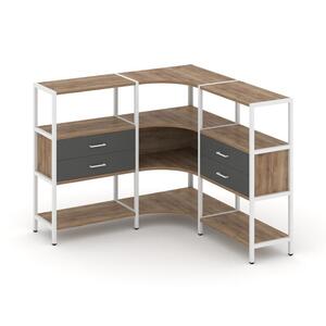 Трехсекционный угловой стеллаж трехярусный с ящиками